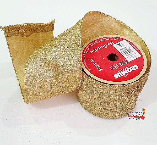 Fita Aramada Ouro com Glitter 10cm x9.14cm - Fitas Natalinas - Ref 1693865 Cromus Natal