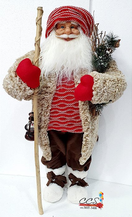 Boneco Papai Noel Rustico com Casaco de Pele Segurando Lamparina e Cajado 83Cm - Coleção Noéis - Ref 1594299 Cromus Natal