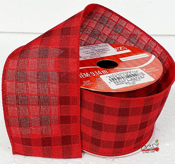 Fita Aramada Xadrez Vermelho e Vinho 6,3cm x 9,14cm - Fitas Natalinas - Ref 1317124 Cromus Natal