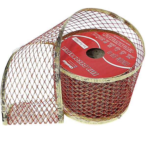 Fita Aramada Tela Vermelha e Dourada 6,3cm x 9,14cm - Fitas Natalinas - Ref 1317407 Cromus Natal