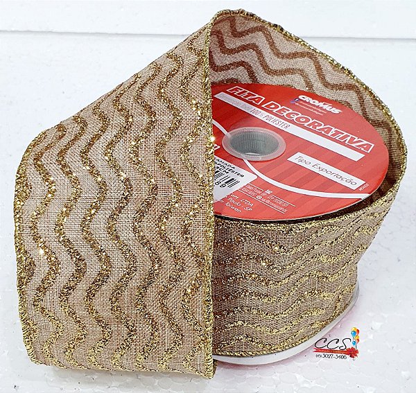 Fita Aramada Juta Missoni com Desenho Glitter Dourado 6,3cm x 9,14cm - Fitas Natalinas - Ref 1512181 Cromus Natal