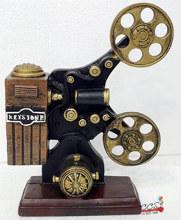 Cinematografo Vintage de Resina Preto com Dourado 24cm - Ref 23565