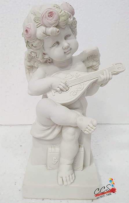 Enfeite Anjo Tocando Instrumento Branco com Flores de Resina 19cm - Coleção Barroca - Ref 1516741 Cromus