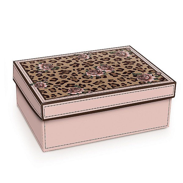 Caixa Rígida Retangular Alta Leopardo com Rosê 23,5x18x9 - Caixas de Presente - Ref 13500086-P Cromus