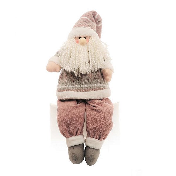 Boneco Papai Noel Sentado Rosa Claro e Cinza com Casaco de Tricô e Bordas de Pelúcia 59cm - Coleção Joy - Ref 1210596 Cromus Natal