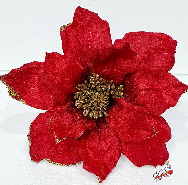 Flor de Natal Poinsetia Vermelha com Borda de Glitter Dourado 20cm - Cabo Curto - Ref 1351945 - Cromus Natal