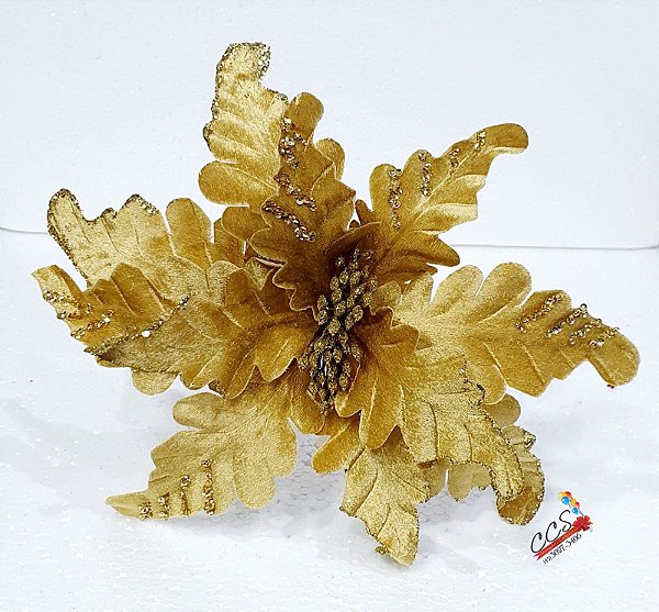 Flor de Natal Poinsetia Ouro com Borda de Glitter Dourado 40cm - Cabo Médio - Ref 1920596 - Cromus Natal