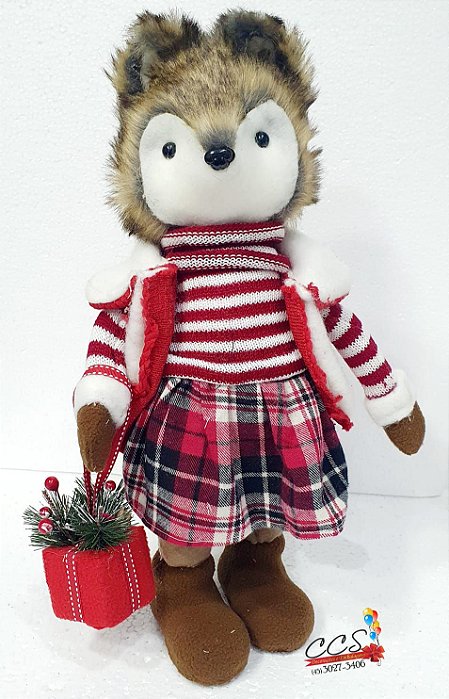 Raposa Com Saia Xadrez e Camisa Listrada Branca com Vermelho Segurando Presente 42 cm - Ref 1921526 - Cromus Natal