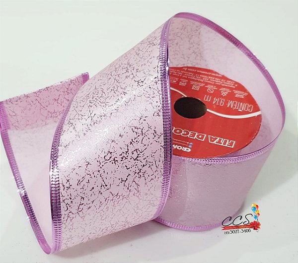 Fita de Natal Aramada Rosa Claro com Detalhes Metalizados 6,3cm - Fitas Natalinas - Ref 1552075 Cromus Natal