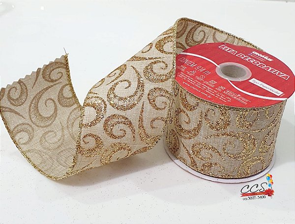 Fita de Natal Aramada Cru com Arabescos Ouro 6,3cm - Fitas Natalinas - Ref 1553453 Cromus Natal