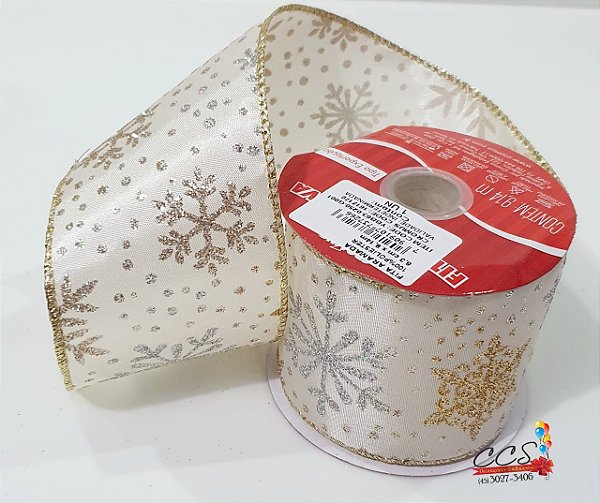 Fita de Natal Aramada Champanhe com Flocos de Neve Dourado e Prata 6,3cm - Fitas Natalinas - Ref 1617170 Cromus Natal