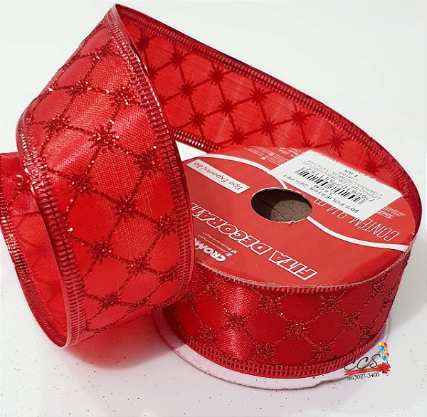 Fita de Natal Aramada Vermelha com Pontos de Glitter 3,8cm - Fitas Natalinas - Ref 1552159 Cromus Natal