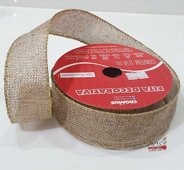 Fita Aramada de Juta com Detalhes em Glitter 3,8cm - Fita Natalinas - Ref 1552343 Cromus Natal
