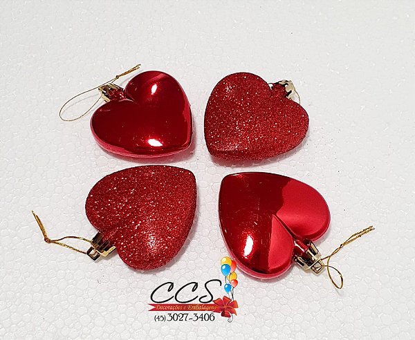 Enfeite Para Pendurar Coração Vermelho 6x6cm Jogo com 4Un - Ref 1019227 - Cromus
