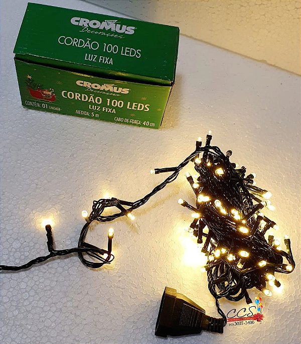 Cordão de Led 100 Leds Luz Fixa - NÃO PISCA - Cor Clara Fio Verde 500cm 127 V - Ref 1201253 Cromus Natal