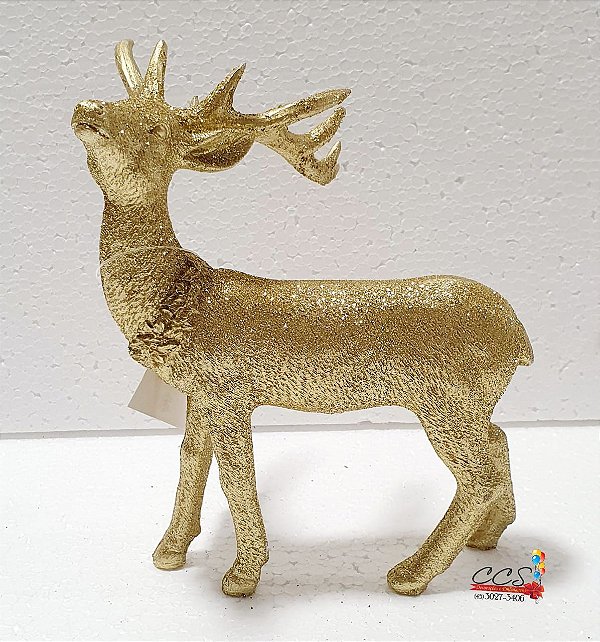 Enfeite Decorativo de Resina Rena Olhando Para Cima com Brilho Ouro 20cm - Coleção Marrocos - Ref 1713214 Cromus Natal