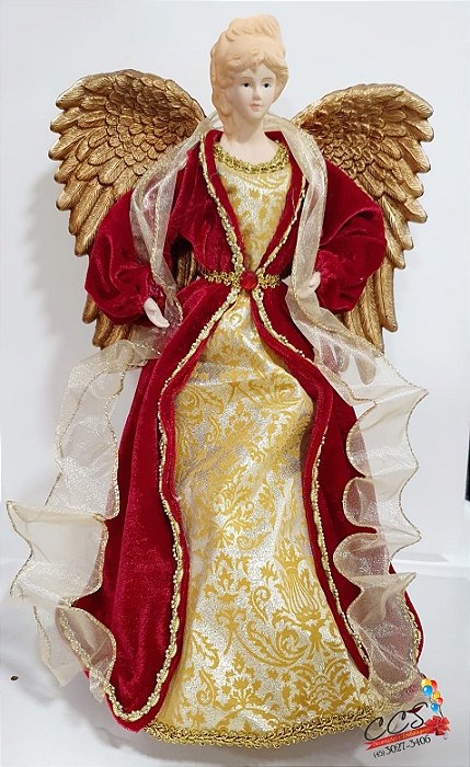 Anjo de Vestido Bordado Vermelho e Dourado 44cm - Ref 1313246 Cromus Natal