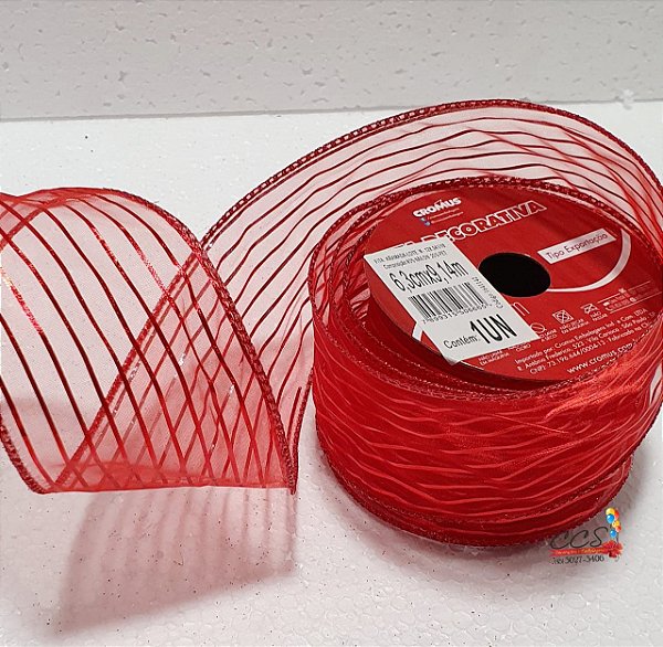 Fita Aramada de Voil Listras Vermelho 63mm - Fitas Natalinas - Ref 1641142 Cromus Natal