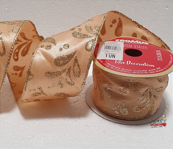 FIta Aramada Nude com Folhas Champanhe 63mm - Fitas Natalinas - Ref 1717113 Cromus Natal