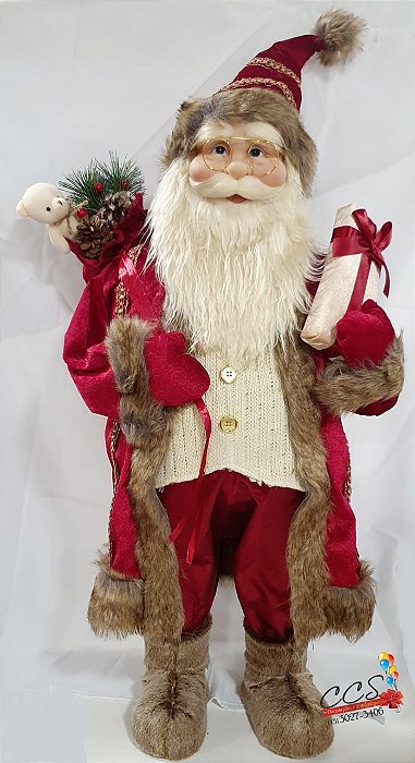 Boneco de Natal Papai Noel em Pé Segurando Presentes Luxo 98cm - Bordo e Dourado - Ref 72751001 D&A