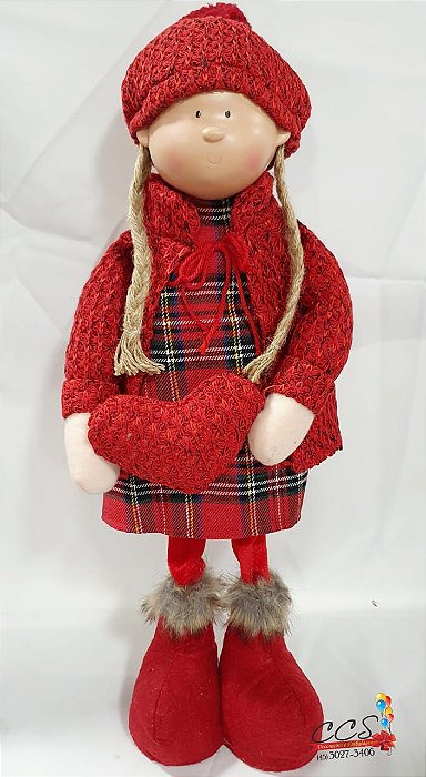 Boneco de Natal Menina em Pé Segurando Coração 43cm - Vermelho Bege - Ref  72729001 D&A - CCS Decorações