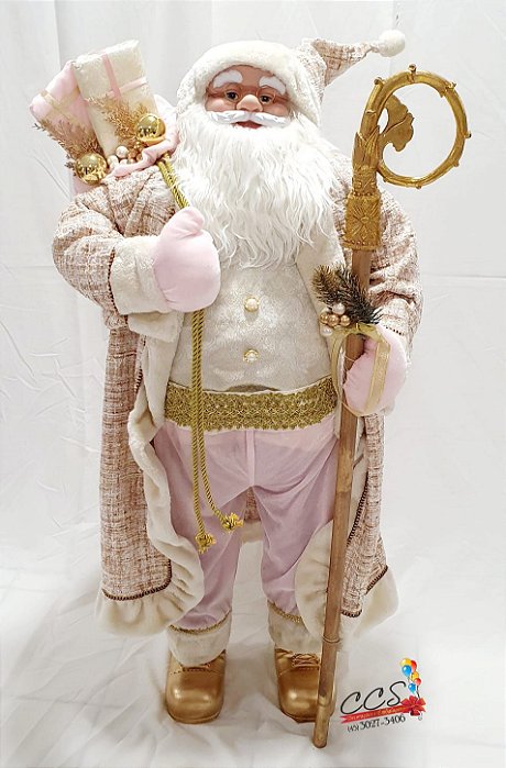 Boneco Gigante Papai Noel em Pé Rosa Bebê e Dourado, Segurando Cajado com Saco de Presente nas Costas 1.20mts - Ref 73690001 D&A