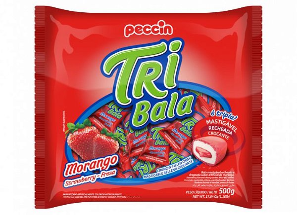 Bala Mastigável Tribala Morango - Pacote com 500 Gramas - Peccin