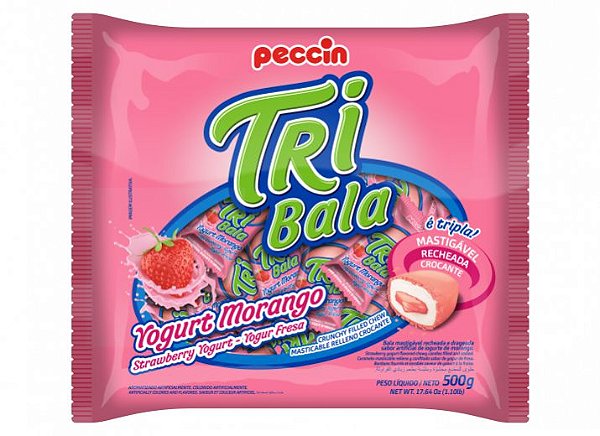 Bala Mastigável Tribala Yogurte Morango - Pacote com 500 Gramas - Peccin