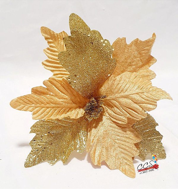 Flor de Natal Bico de Papagaio Dourado com Glitter 15cm - Ref 74696002 D&A