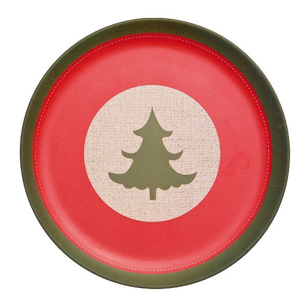 Prato de Sobremesa com Desenho de Pinheiro 18x18cm - Coleção Casinhas - Ref 1594722 Cromus Natal