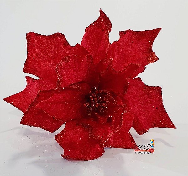 Flor de Natal Poinsetia Vermelha com Glitter Vermelho - Flores Cabo Médio - Ref 1517112 Cromus Natal