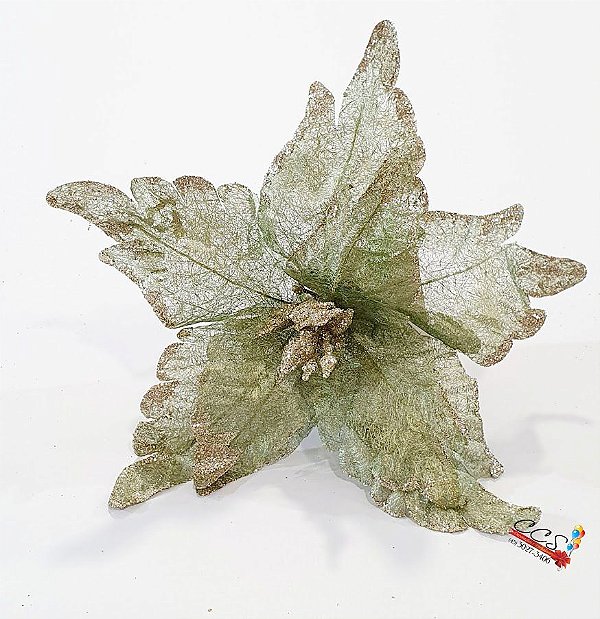 Flor de Natal Poinsetia Verde Claro e Ouro - Flores Cabo Curto - Ref 1920228 Cromus Natal