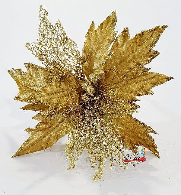 Flor de Natal Poinsetia Ouro com Glitter - Flores Cabo Curto - Ref 1719634 Cromus Natal