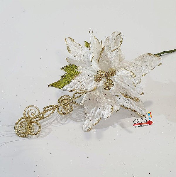 Flor de Natal Poisenttia Branca com Borda Gliter Dourado e Galho de Glitter - Flores Cabo Curto - Ref 1711880 Cromus Natal