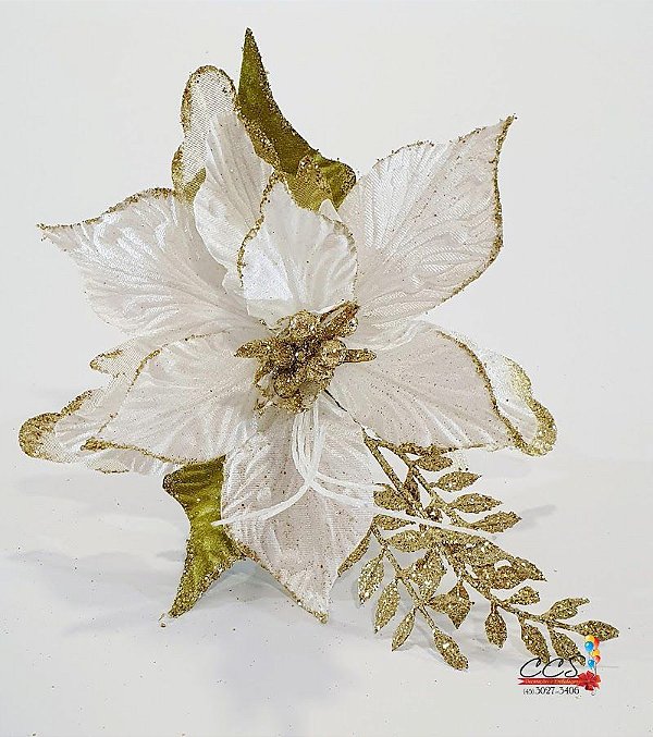 Flor de Natal Poinsetia de Veludo Branca com Borda e Miolo Dourado e Galho de Folhas Glitter Ouro - Flores Cabo Médio - Ref 1641635 Cromus Natal