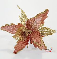 Flor de Natal Poinsettia Rose e Dourado com Borda e Miolo Glitter Dourado - Flores Cabo Médio - Ref 1711901 Cromus Natal
