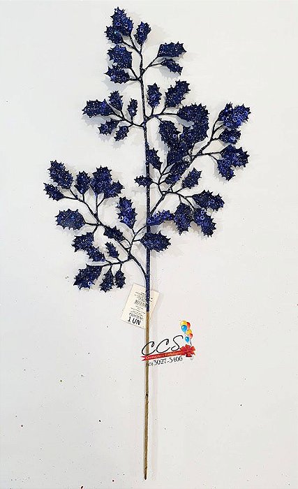 Galho Decorativo de Natal Folhas Azevinho Azul Marinho - Galhos Grandes - Ref 1920317 Cromus Natal