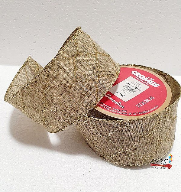 Fita de Natal Aramada Juta com Gomos Glitter Ouro 6,3cmx9,14m - Ref 1923007 Cromus