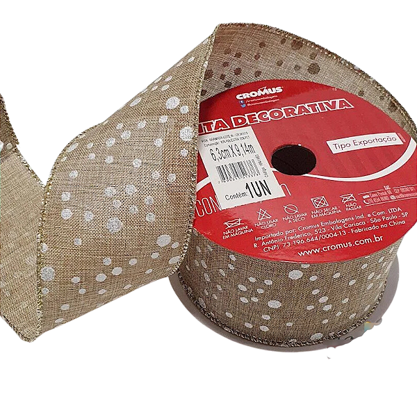 Fita Aramada de Natal Natural Poá Glitter Branco 6,3cm x 9,14cm - Fitas Natalinas - Ref 1641963 Cromus