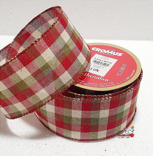 Fita Aramada de Natal Xadrez Vermelha, Verde e Bege 6,3cmx9,14m - Fitas Natalinas - Ref 1923235 Cromus