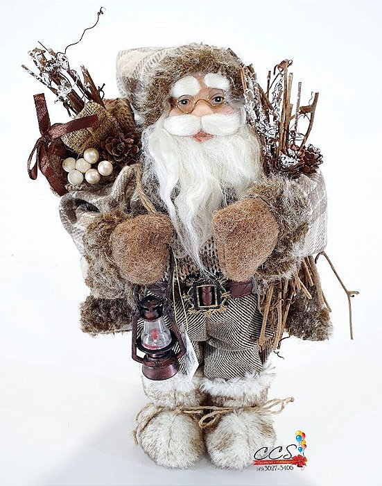 Boneco Papai Noel em Pé Roupa Bege Marrom Segurando Lanterna e Saco de Presente 30cm - Ref 73709001 D&A