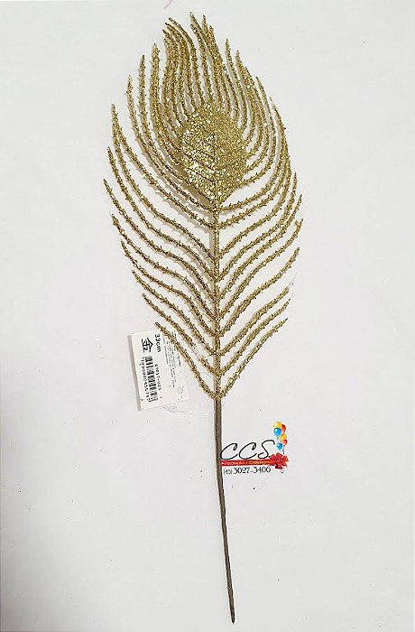 Galho Decorativo com Glitter Pena de Pavão Dourado 33cm - Galhos de Natal - Ref 67817003 D&A
