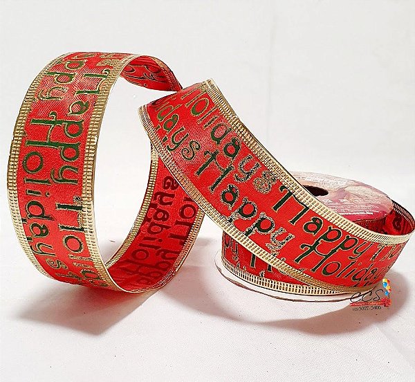 Fita Aramada de Natal Vermelha Happy Holidays 3,8x9.14cm - Fitas Natalinas - Ref 1011973 Cromus Natal