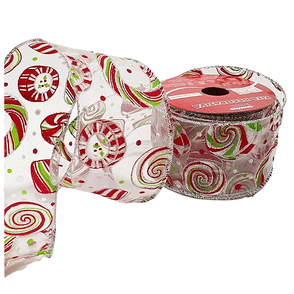 Fita de Natal Aramada Voal Branco com Bengalas Coloridas 6,3xcmx9,14cm - Fitas Natalinas - Ref 1317489 Cromus Natal