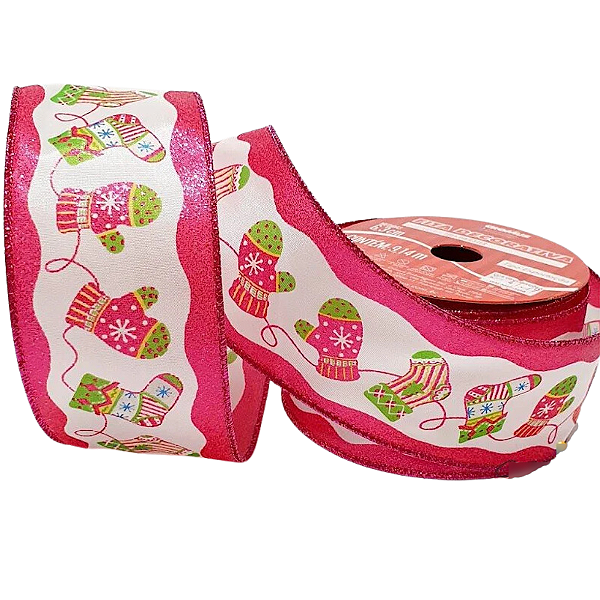 Fita de Natal Aramada Decorada Pink com Meias e Luvas 6,3cmx9,14cm - Fitas Natalinas - Ref 1414052 Cromus Natal