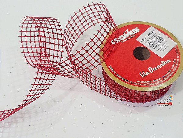 Fita de Natal Tela Vermelha Com Glitter 3,8x9x14cm - Fitas Natalinas - Ref 1014303 Cromus Natal