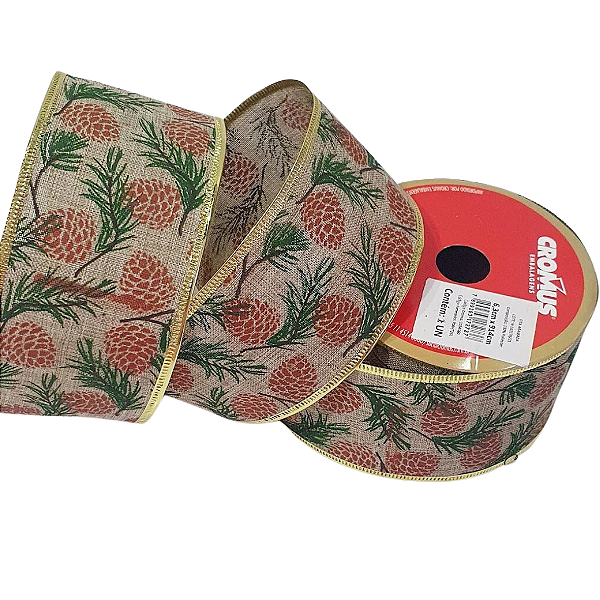 Fita de Natal Aramada Juta com Estampa de Pinhas e Borda Dourada 6,3x9x14cm - Fitas Natalinas - Ref 1014360 Cromus Natal