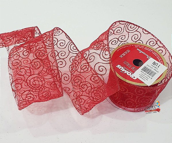 Fita de Natal Aramada Vermelha Voal com Caracol de Glitter 6,3x9x14cm - Fitas Natalinas - Ref 1212942 Cromus Natal