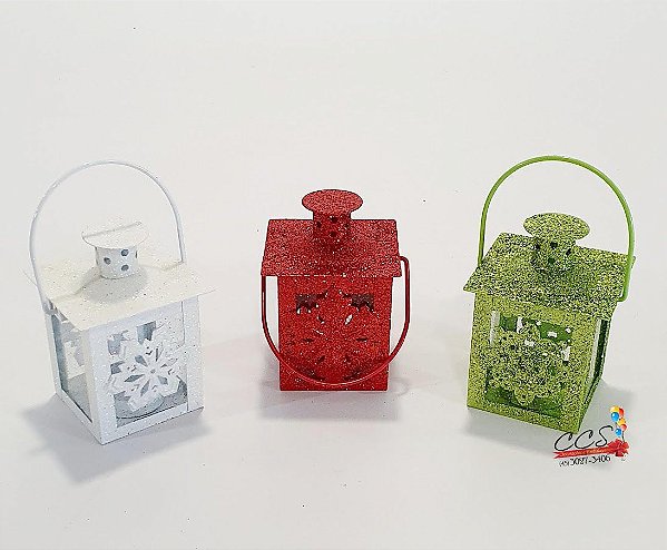 Enfeite Lampião Porta Vela Vermelho, Verde e Branco de Metal com Glitter - Jogo com 3 Unidades - Ref 1212650 Cromus Natal