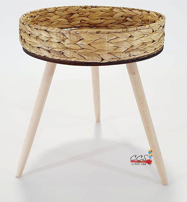 Mesa Redonda Trança de Palha Natural Com Pé Palito e Madeira 35x35x40cm com 1 Unidade - Ref 74560 D&A